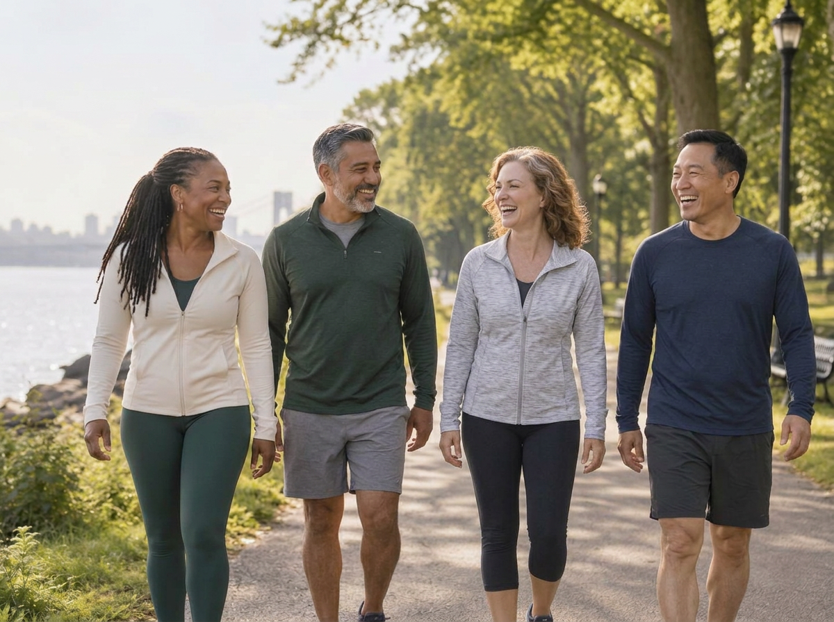 Four adults in midlife walking and laughing together on a tree-lined path beside water